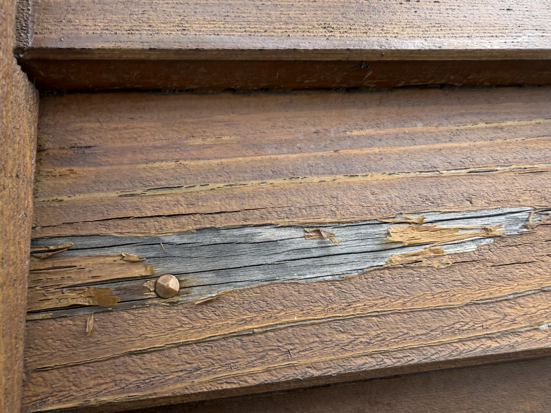 Cedar Maintenance in Northlake, Wānaka - Before 1: Cedar Cladding Peeling Stain Close Up Northlake Wanaka