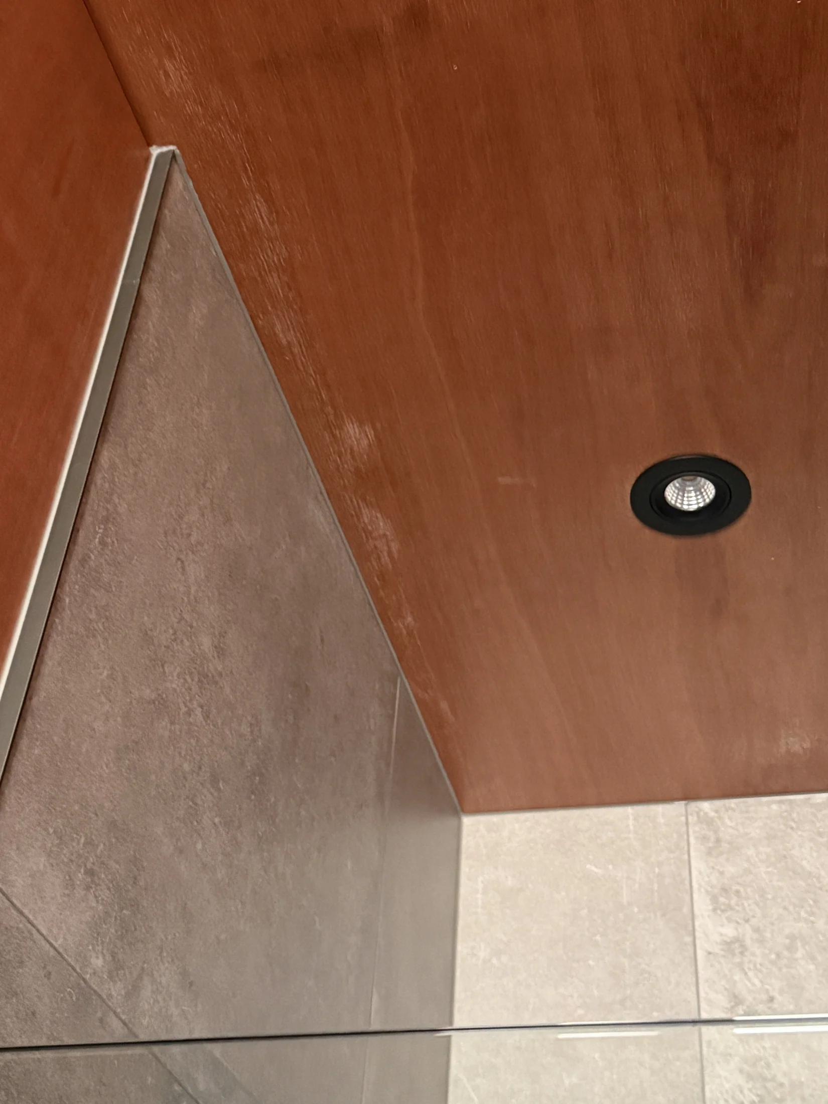 Timber Ceiling Recoat, Wānaka - Before 2: Ceiling Above Shower Faded Coating Wanaka